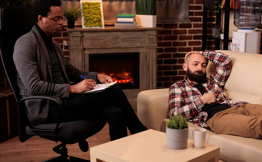 Therapist and Client in a Cozy Counseling Session Near Fireplace