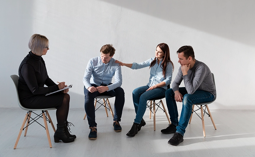 Group Counseling Session in Progress with Four Participants Seated Together